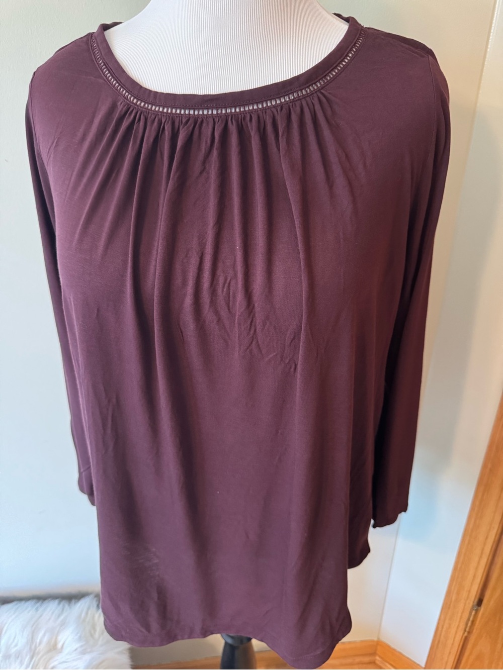LOFT Long Sleeve Gathered Neck Top - Plum